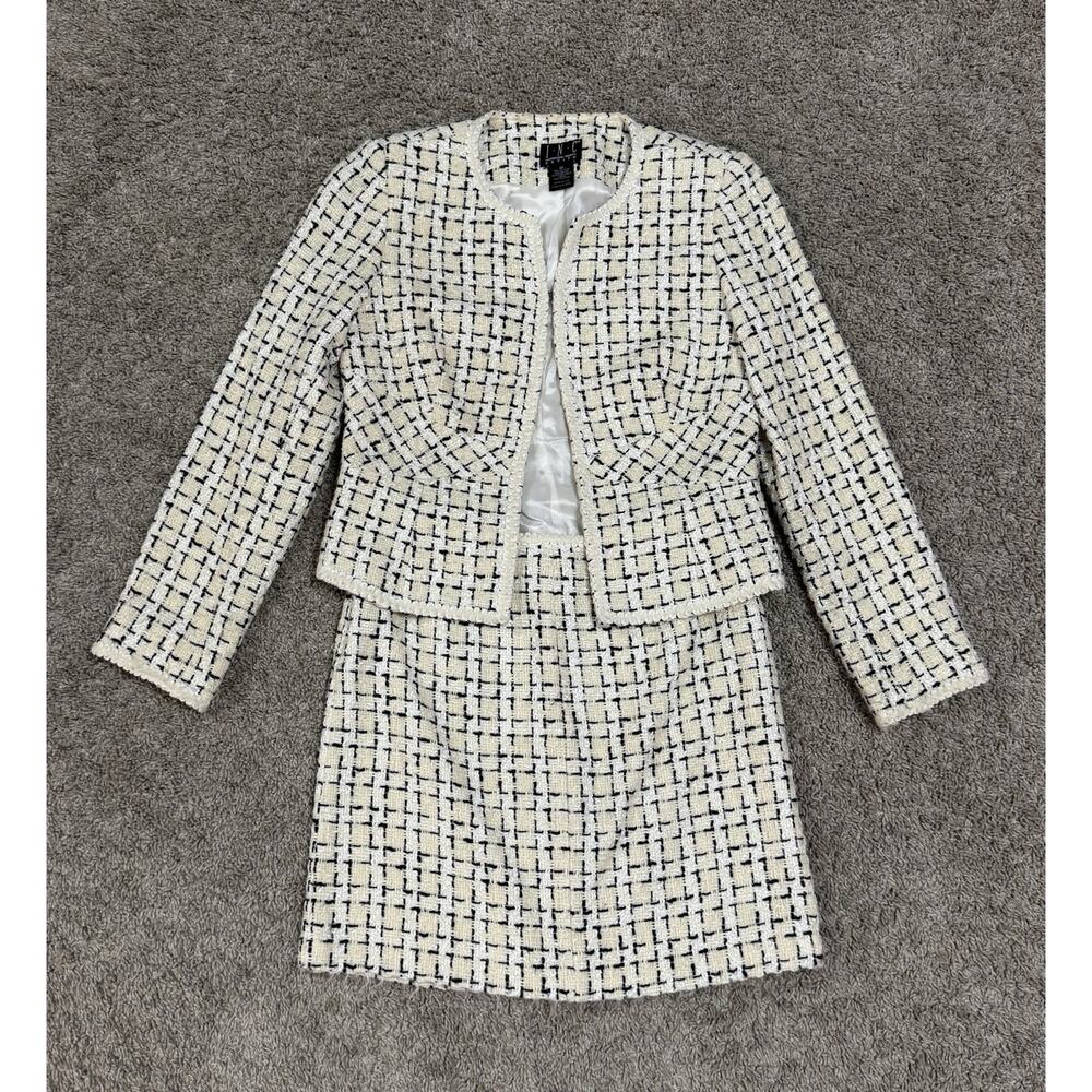 INC International Concepts Tweed Skirt Suit Set Ivory Black Size 2 Petite - Picture 3 of 11